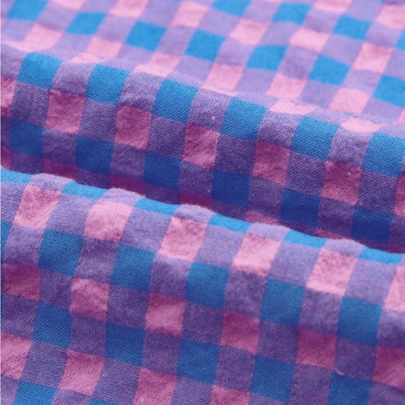 Lightweight Purple & Pink Checkered Plaid Button Down Top, Frayed Hem - Picture 11 of 15